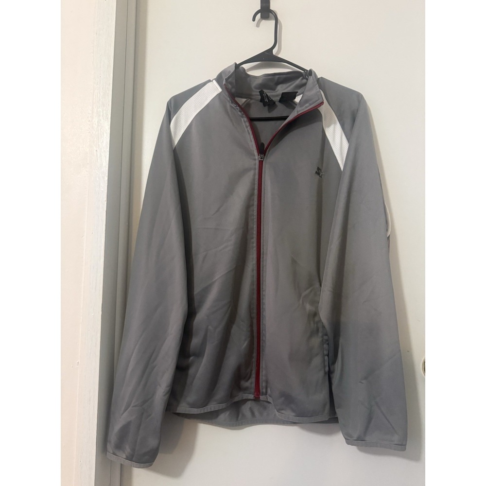 Starter Jacket Mens Size L Full Zip Grey White with red stripes Track Jacket